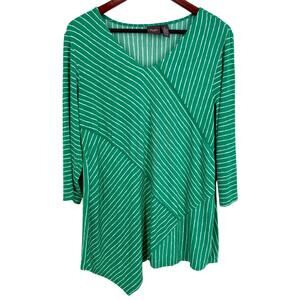 Chicos Travelers Slinky Fabric Sz XL 3 Green Artsy Tropical Blouse Shirt Top